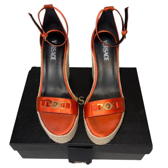 Versace Medusa Orange Coral Satin Espadrille Platform Wedge Sandals Size 41 - Picture 1 of 16